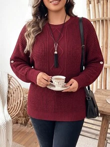 EMERY ROSE 秋冬大尺碼純色圓領套頭蝙蝠袖寬鬆菱格紋鈕扣長袖休閒針織衫 - 酒紅色 - 查看 6