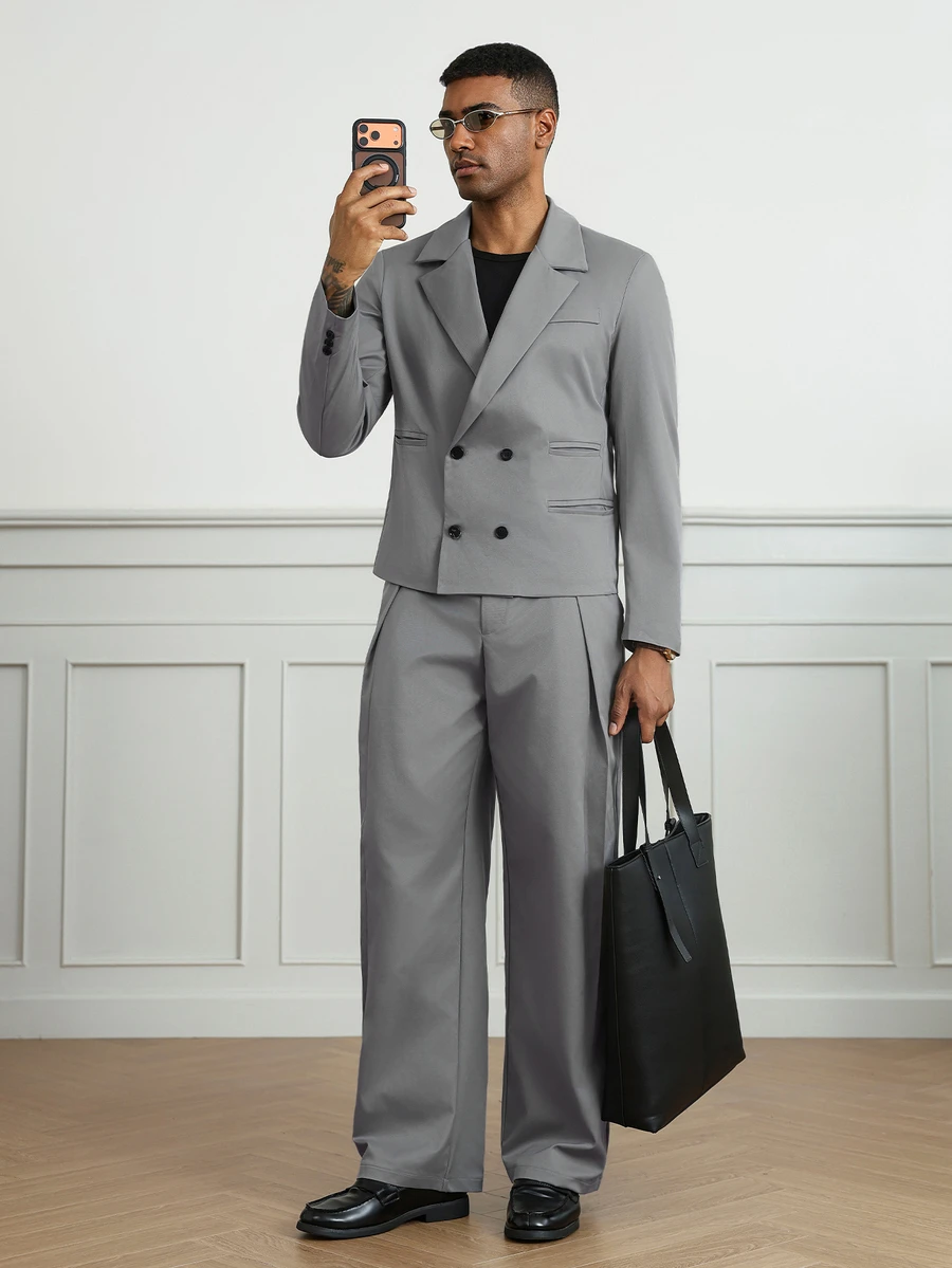HUEFORM Men's Solid Color Casual Suit Set, Stylish Design, Suitable For Daily Commute, Relaxed Work Environment Or Semi-Formal Occasions, Also An Ideal Gift For Boyfriend And Husband - Grey - View 1