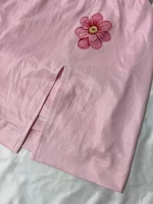 Selianne 女款粉色圓領兩件式套裝，花卉印花珍珠水鑽裝飾短袖裙褲，寬鬆休閒日常外出派對套裝 - 粉色 - 查看 6