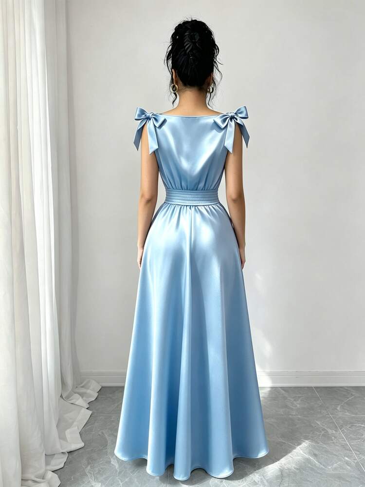 Elenzga New Woven Satin Sleeveless Shoulder Strap Bow Decor Elegant Casual Women's Mid-Length Dress - Blue - View 2