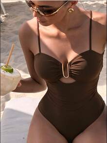 SHEIN Swim 1pc Solid Color Hollow Metal Decor One-Piece Swimsuit, For Summer Beach Vacation - Brown - View 1