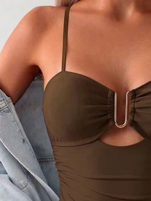 SHEIN Swim 1pc Solid Color Hollow Metal Decor One-Piece Swimsuit, For Summer Beach Vacation - Brown - View 7