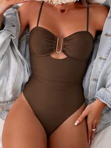 SHEIN Swim 1pc Solid Color Hollow Metal Decor One-Piece Swimsuit, For Summer Beach Vacation - Brown - View 6