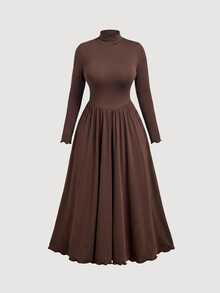 SHEIN MOD Plus Size Elegant Solid Color Stand Collar Dress - Brown - View 8