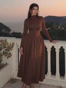 SHEIN MOD Plus Size Elegant Solid Color Stand Collar Dress - Brown - View 1
