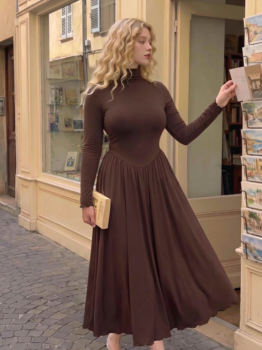 SHEIN MOD Plus Size Elegant Solid Color Stand Collar Dress - Brown - View 1