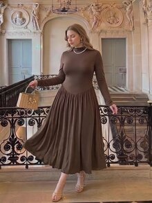 SHEIN MOD Plus Size Elegant Solid Color Stand Collar Dress - Brown - View 4