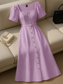 EMERY ROSE Women's Elegant Sweetheart Neck Button Front Short Sleeve Dress, Summer - Mauve Purple - View 3