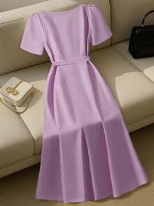 EMERY ROSE Women's Elegant Sweetheart Neck Button Front Short Sleeve Dress, Summer - Mauve Purple - View 2