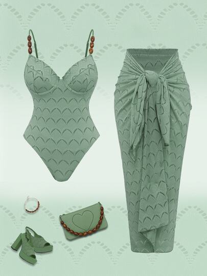 Swim Oasis 2pcs/Set Summer Vacation Sexy Backless Spaghetti Strap One-Piece Swimsuit & Long Sarong Skirt
