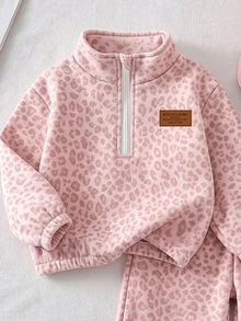 SHEIN 女童粉色豹紋保暖內裡兩件套，半拉鍊立領上衣 + 寬腿長褲，加厚保暖內裡，印花裝飾，秋冬休閒少女穿著 - 彩色 - 查看 3