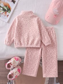 SHEIN 女童粉色豹紋保暖內裡兩件套，半拉鍊立領上衣 + 寬腿長褲，加厚保暖內裡，印花裝飾，秋冬休閒少女穿著 - 彩色 - 查看 2