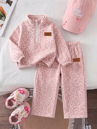 SHEIN Playful Pals Set de 2 piese pentru fete, roz cu imprimeu leopard, cu căptușeală termică, top cu jumătate de fermoar și guler drept + pantaloni cu picior larg, groși, cu decorațiune tip ștampilă, casual pentru toamnă/iarnă, pentru fete tinere