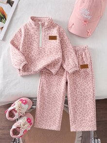 SHEIN 女童粉色豹紋保暖內裡兩件套，半拉鍊立領上衣 + 寬腿長褲，加厚保暖內裡，印花裝飾，秋冬休閒少女穿著 - 彩色 - 查看 1