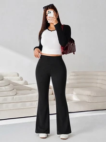 Solflare Plus Size Women Solid Color High Waist Casual Flare Sweatpants - Black - View 8