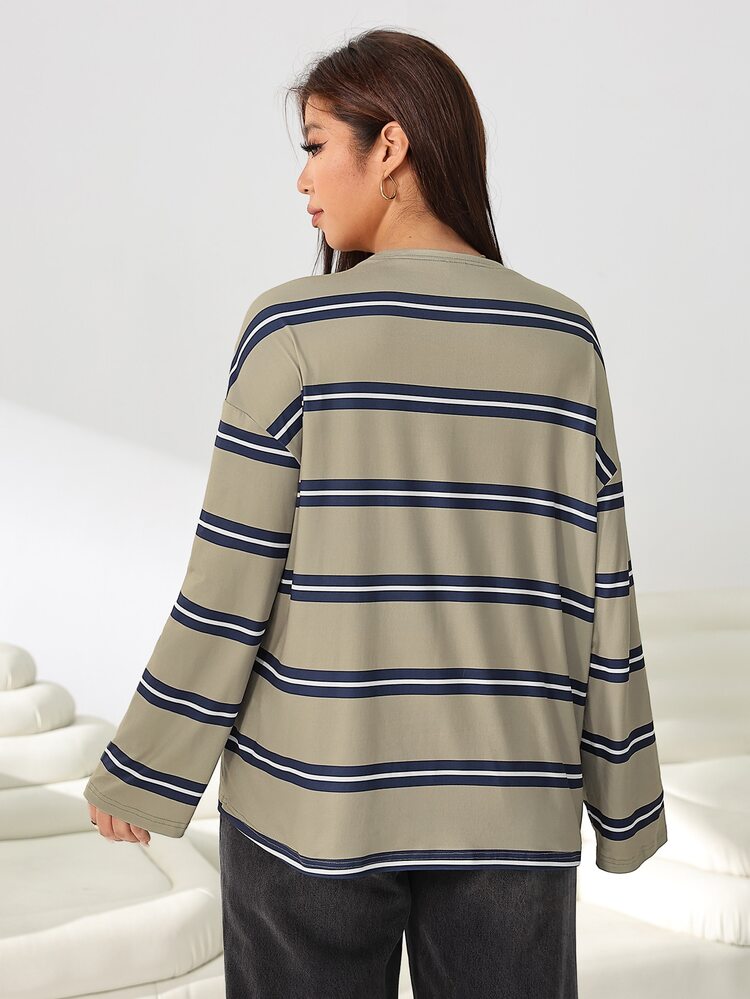 Solflare New Casual Traditional Everyday Formal Home Wear Round Neck Long Sleeve Grey Striped Print Knit Loose Fit Versatile Plus Size T-Shirt Autumn - Multicolor - View 2