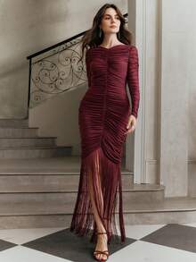Anewsta Women's Fall/Winter Elegant Sexy Burgundy Mesh Ruched Fringe Patchwork Long Dress Luxury Chic Formal For Wedding Guest Party Ceremony Club Going Out - Burgundy - View 3