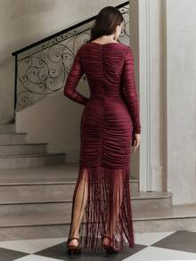 Anewsta Women's Fall/Winter Elegant Sexy Burgundy Mesh Ruched Fringe Patchwork Long Dress Luxury Chic Formal For Wedding Guest Party Ceremony Club Going Out - Burgundy - View 6