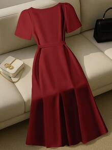 EMERY ROSE Solid Color Square Neck Front Button Belted Waist Elegant Short Sleeve Dress Red Elegant Dress Women Button Dress - Red - View 2