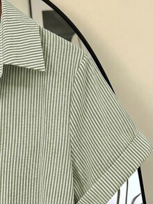 SHEIN Franclia Women's Striped Single-Breasted Casual Versatile Everyday Outing Shirt - Green - View 4