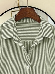 SHEIN Franclia Women's Striped Single-Breasted Casual Versatile Everyday Outing Shirt - Green - View 3