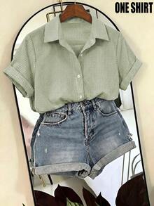 SHEIN Franclia Women's Striped Single-Breasted Casual Versatile Everyday Outing Shirt - Green - View 1
