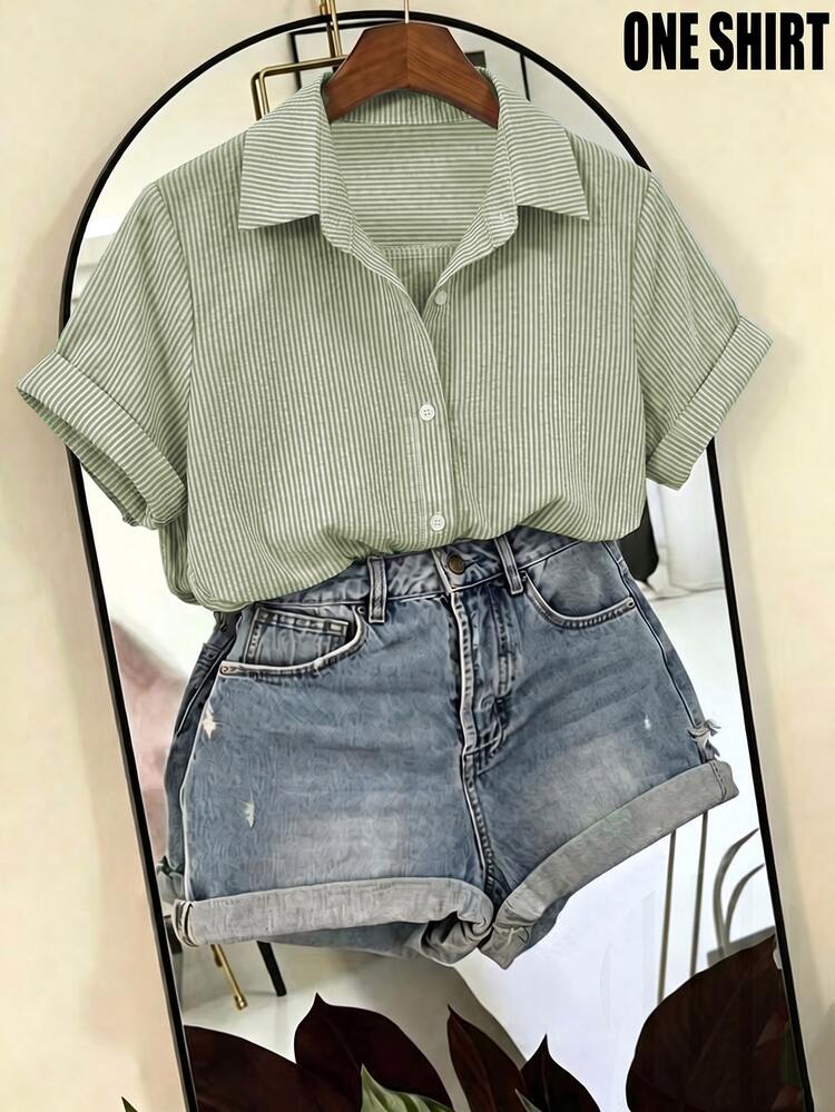 SHEIN Franclia Women's Striped Single-Breasted Casual Versatile Everyday Outing Shirt - Green - View 1