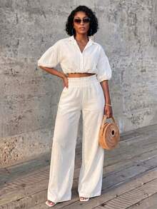 Eryvara Women's Fall White Casual Minimalist Shirt Collar Long Pants 2 Pieces Set, Loose Fit, Bud Design, Suitable For Beach Vacation And Daily Wear - White - View 5