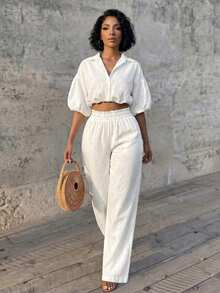 Eryvara Women's Fall White Casual Minimalist Shirt Collar Long Pants 2 Pieces Set, Loose Fit, Bud Design, Suitable For Beach Vacation And Daily Wear - White - View 3