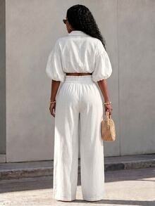 Eryvara Women's Fall White Casual Minimalist Shirt Collar Long Pants 2 Pieces Set, Loose Fit, Bud Design, Suitable For Beach Vacation And Daily Wear - White - View 2