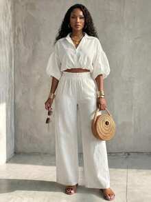 Eryvara Women's Fall White Casual Minimalist Shirt Collar Long Pants 2 Pieces Set, Loose Fit, Bud Design, Suitable For Beach Vacation And Daily Wear - White - View 4