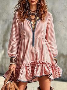 SHEIN New Red & White Striped Blue Fabric Short Dress With Ruffle Hem And Scalloped Edge Design, Casual Style - Red - View 1