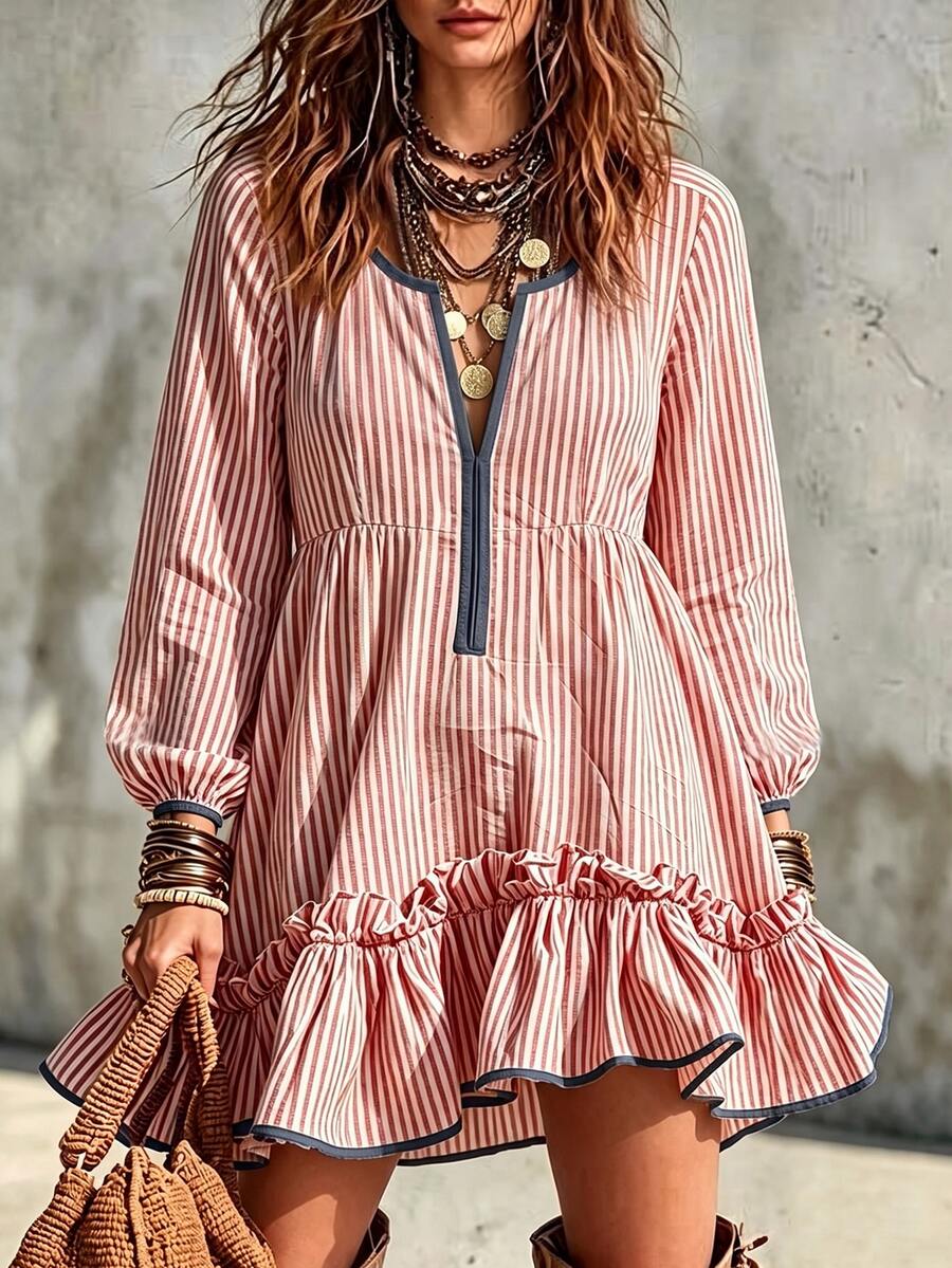 SHEIN New Red & White Striped Blue Fabric Short Dress With Ruffle Hem And Scalloped Edge Design, Casual Style - Red - View 1