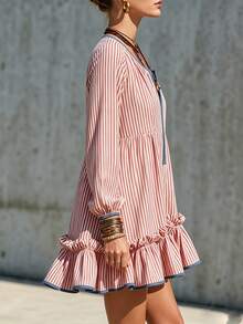 SHEIN New Red & White Striped Blue Fabric Short Dress With Ruffle Hem And Scalloped Edge Design, Casual Style - Red - View 3