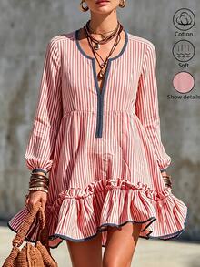 SHEIN New Red & White Striped Blue Fabric Short Dress With Ruffle Hem And Scalloped Edge Design, Casual Style - Red - View 4