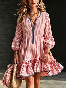 SHEIN New Red & White Striped Blue Fabric Short Dress With Ruffle Hem And Scalloped Edge Design, Casual Style - Red - View 5