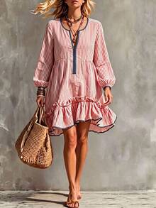 SHEIN New Red & White Striped Blue Fabric Short Dress With Ruffle Hem And Scalloped Edge Design, Casual Style - Red - View 6