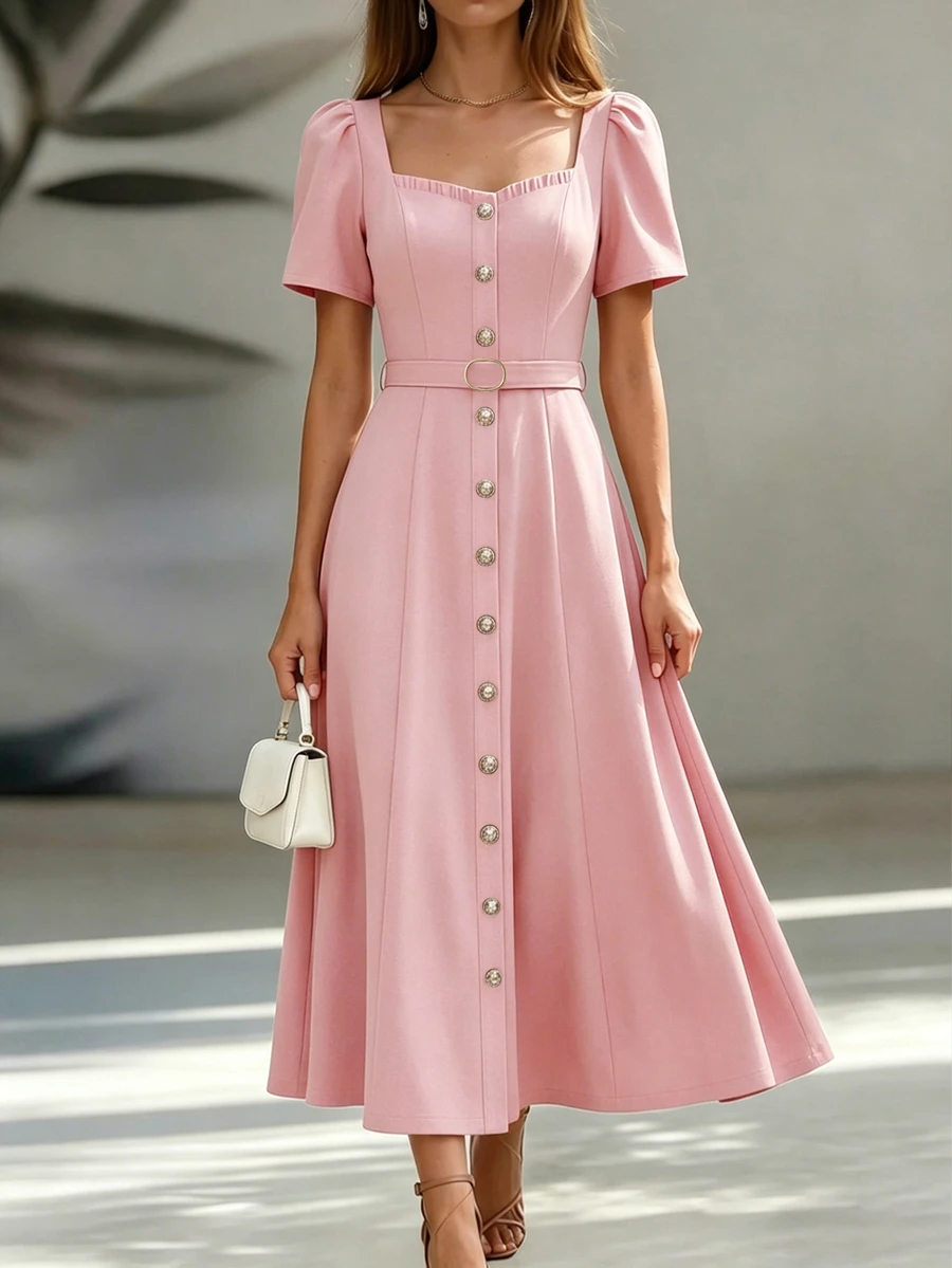 EMERY ROSE Women's Soft Pink Elegant Sweetheart Neck Short Puff Sleeve Single-Breasted Mid-Length Dress,French Style Belted Summer Button Tea Party Clothes - Pink - View 1