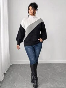 Elenzga Plus Size Women's Winter Knit Pullover Sweater, Solid Color High Neck, Casual Versatile - Black and White - View 6
