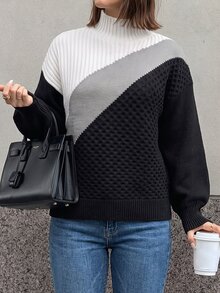Elenzga Plus Size Women's Winter Knit Pullover Sweater, Solid Color High Neck, Casual Versatile - Black and White - View 5