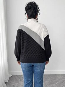 Elenzga Plus Size Women's Winter Knit Pullover Sweater, Solid Color High Neck, Casual Versatile - Black and White - View 7