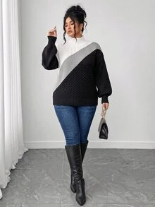 Elenzga Plus Size Women's Winter Knit Pullover Sweater, Solid Color High Neck, Casual Versatile - Black and White - View 2