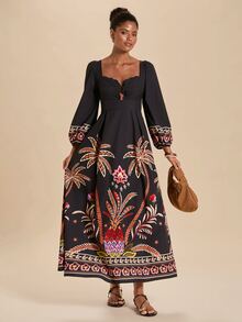 Travachic Women's Long Sleeve Dress Autumn Winter New Suitable For Daily Vacation Commute Gathering Party Wedding Ceremony Elegant Tropical Boho Multicolor - Black - View 4