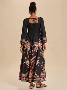 Travachic Women's Long Sleeve Dress Autumn Winter New Suitable For Daily Vacation Commute Gathering Party Wedding Ceremony Elegant Tropical Boho Multicolor - Black - View 3