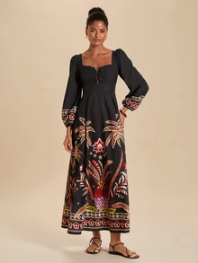 Travachic Women's Long Sleeve Dress Autumn Winter New Suitable For Daily Vacation Commute Gathering Party Wedding Ceremony Elegant Tropical Boho Multicolor - Black - View 8