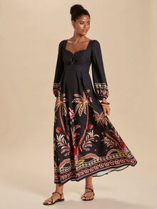 Travachic Women's Long Sleeve Dress Autumn Winter New Suitable For Daily Vacation Commute Gathering Party Wedding Ceremony Elegant Tropical Boho Multicolor - Black - View 5
