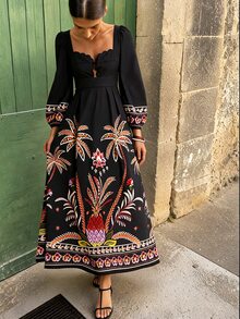 Travachic Women's Long Sleeve Dress Autumn Winter New Suitable For Daily Vacation Commute Gathering Party Wedding Ceremony Elegant Tropical Boho Multicolor - Black - View 2