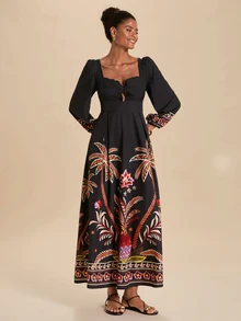 Travachic Women's Long Sleeve Dress Autumn Winter New Suitable For Daily Vacation Commute Gathering Party Wedding Ceremony Elegant Tropical Boho Multicolor - Black - View 6