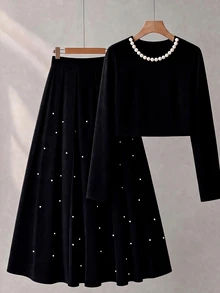 GlowEve CURVE Plus Size Women's Elegant Beaded 2 Pieces Set For Daily Commute - Black - View 4
