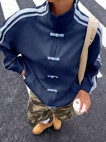 Muchica 大尺碼女款拼色前扣休閒百搭長袖夾克 - 藏蓝色 - 查看 1